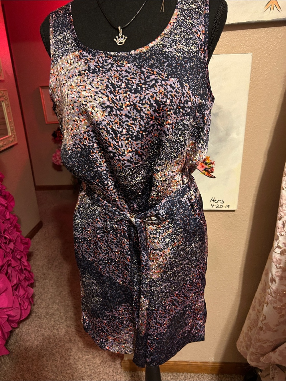 Sleeveless Printed Tie-Waist Dress in Navy and Pink EXCELLENT CONDITION